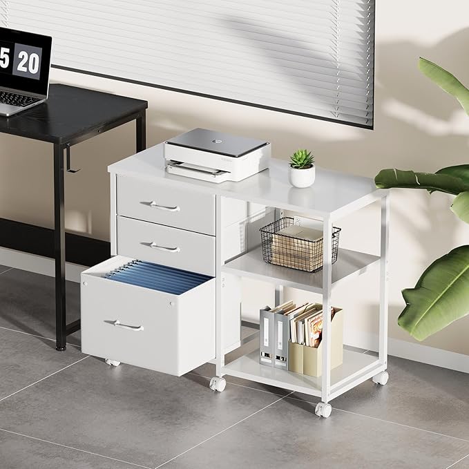 3 Drawer File Cabinet with Wheels Rolling Printer Stand with Open Storage Shelf Fabric Lateral Filing Cabinet for Home OfficeWhite
