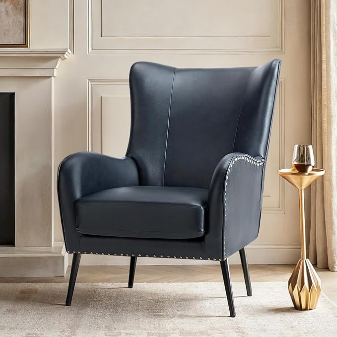 Upholstered Faux Leather Accent Chair with Black Metal Legs Comfy Armchair with Removable Cushion &amp Nailhead Trim Wingback Vanity Chair for Reading Living Room Bedroom