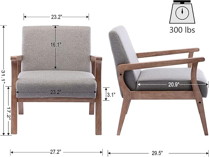 VESCASA 23.2 W Accent Chairs Set of 2 with Arms Farmhouse Side Chairs with Upholstered Seat Mid Century Modern Reading Chairs with White Wash Wood Legs for Living Room/Bedroom Light Grey Linen