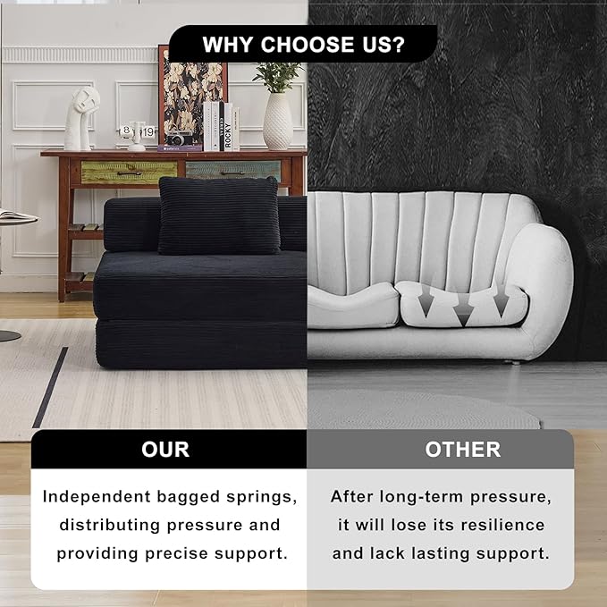 Folding Sofa Bed Convertible Sleeper Chair with Pillow Single Sofa with Back Support Portable Fold Out Chair Cloud Couch Bed Comfy Floor Sofa Lounge for Living Room Bedroom Black