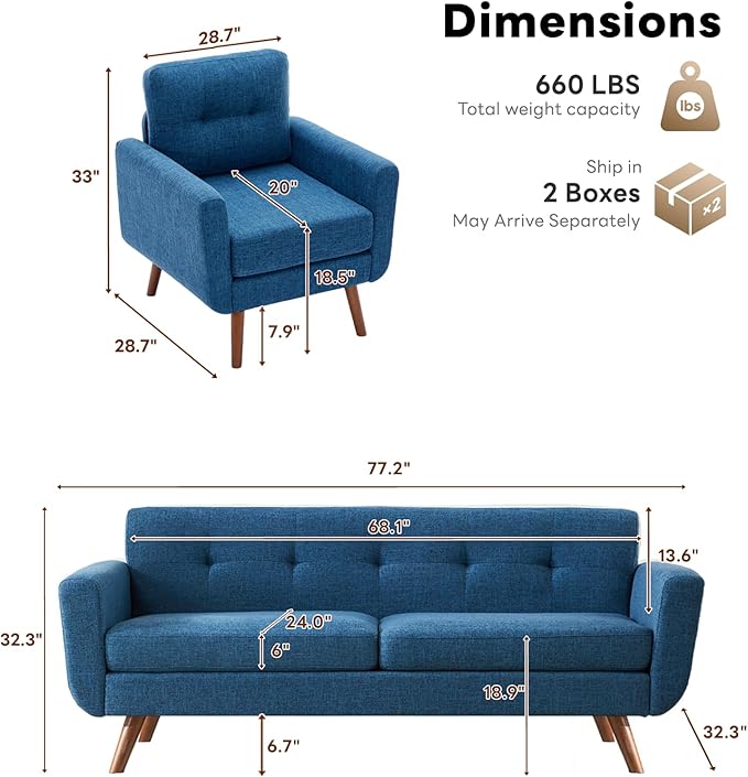 Tbfit Mid Century Modern Sofa Couch Blue Standard Sofa &amp Accent Chair | linen fabric button tufted solid wood foot pocket spring wood slats frame