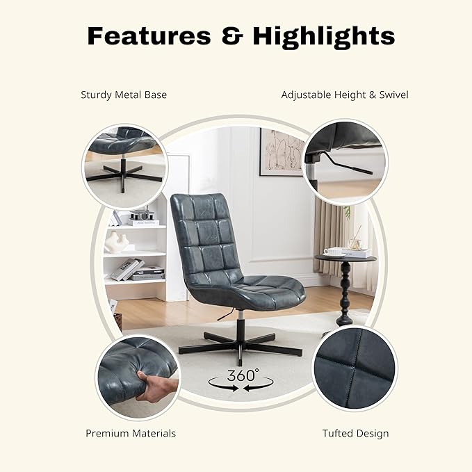 Faux Leather Tufted Swivel Accent Chair – Adjustable Height 360° Rotation Modern 5-Point Metal Base for Home Office &amp Living Room (Blue)