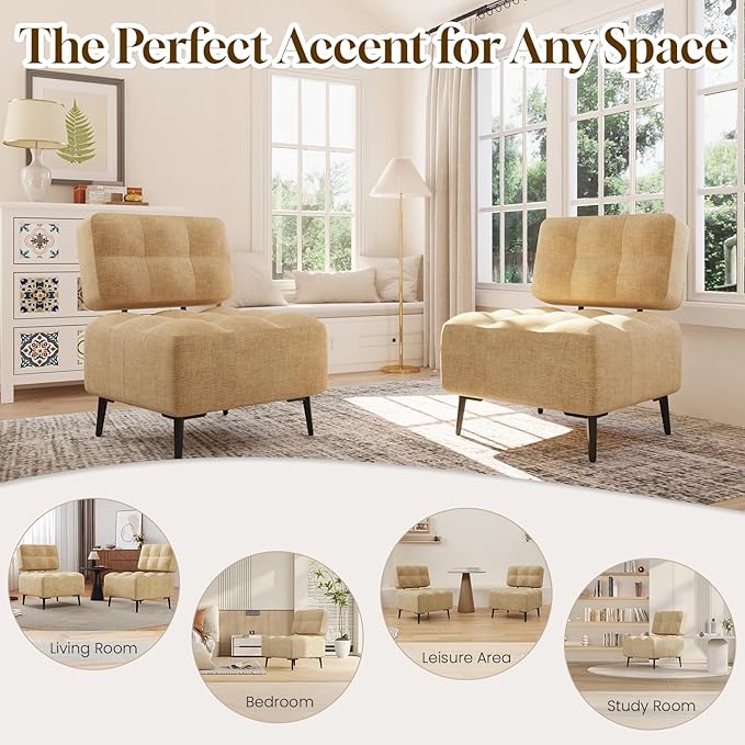 EROMMY Accent Chair Armless Mid Century Modern Chair with Thick Cushion &amp Metal Legs Polyester Leisure Chair Comfy Side Corner Chairs for Living Room Bedroom Study Room Entryway (Yellow)
