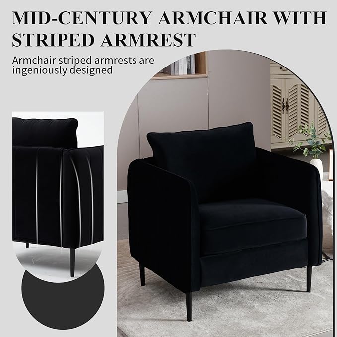 Modern Accent Chair Velvet Upholstered Living Room Chair with Pillow Mid-Century Armchair with Striped Armrest Living Room Chair for Bedroom Apartment (Black)