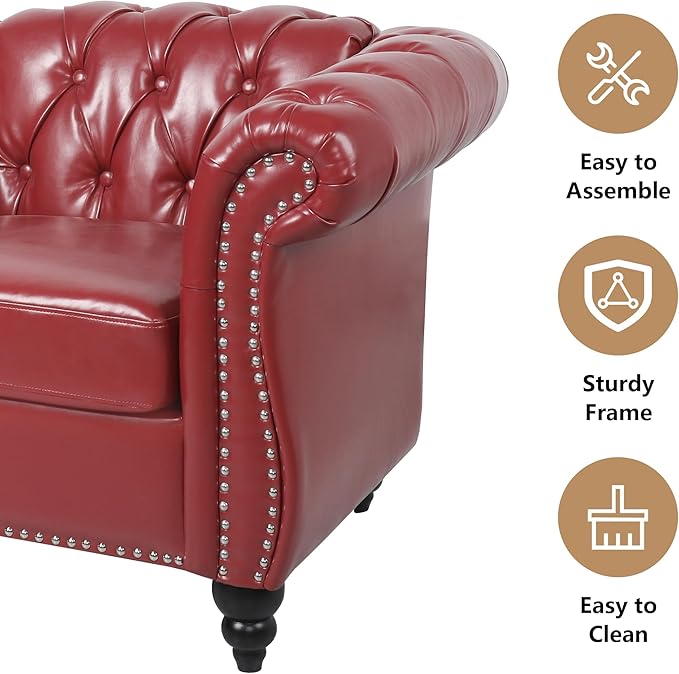Chesterfield 3 Seater Sofa Modern Leather Tufted Couch 3 Seater with Rolled Arms and Nailhead Mid-Century Upholstered Couch for Living Room Bedroom Apartment and Office Claret