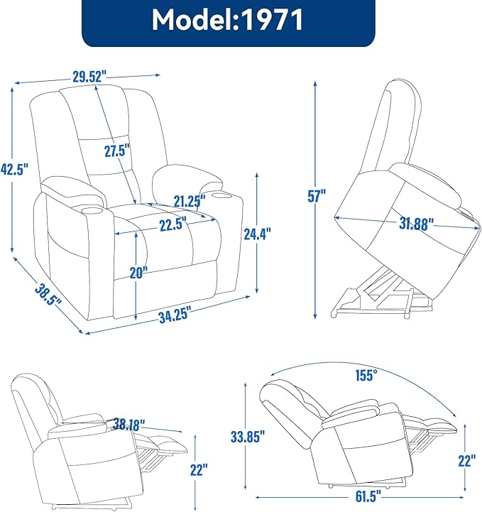 Large Power Lift Recliner Chair with Massage and Heat Overstuffed Wide Living Room Recliner Chairs Comfy Bedroom Recliners for Adults Lazy Boy Reclining Chair for Small SpacesGrey