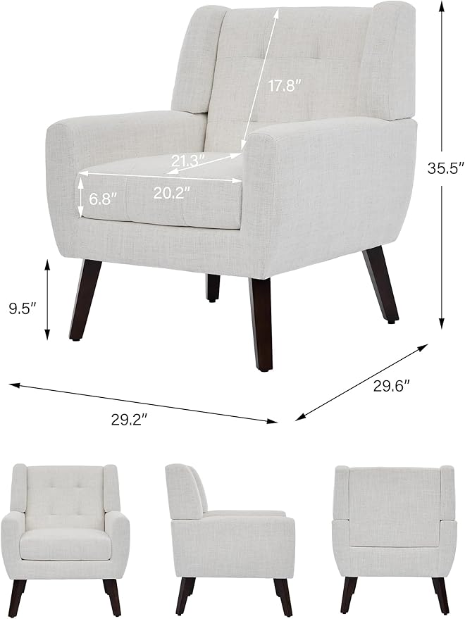 Accent Chair Comfy Mid Century Modern Small Armchairs with Solid Wood Frame and Soft Cushion for Living Room Bedroom (Fabric Beige Set of 2)