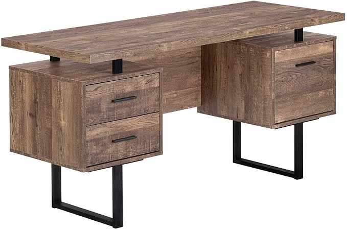 BOWERY HILL Computer Desk 60 in Wide Metal Legs Brown Reclaimed Wood-Look Finish Storage Drawers Thick-Panel Floating Top Reversible Configuration Modern Style Home Office Writing Desk