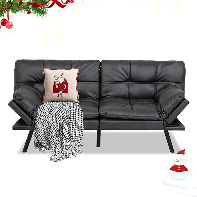 MUUEGM 71 Futon Sofa Bed Convertible Couch Filled with Memory Foam Modern Loveseat with Adjustable Backrest&ampArmrest Sofas for Living RoomGame RoomDormitoryOffice.Black Leather