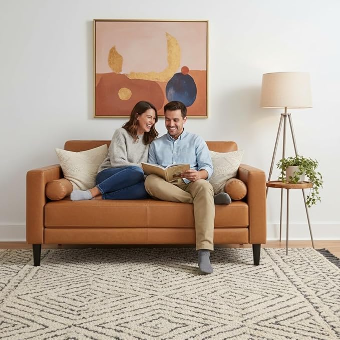 Naomi Home Marisa Mid-Century Modern Genuine Leather Loveseat Sofa – Comfortable 2-Seater Tan Cowhide for Small Spaces &amp Apartment Living – Robust Hardwood Frame