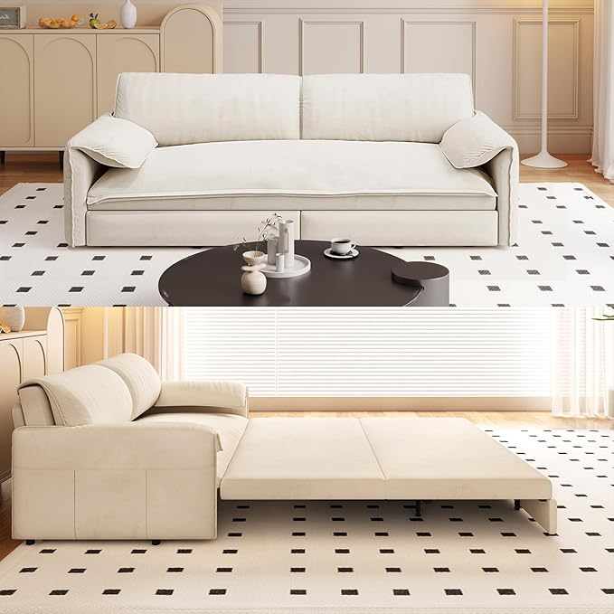 Newfun 66 Futon Sofa Bed 3 in 1 Convertible Sleeper Sofa with Side Storage Velvet Loveseat Bed Pull Out Sofa Bed for Living Room Small Space Bedroom Studio (Beige)