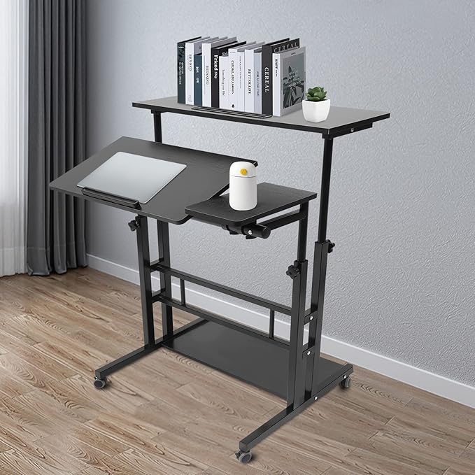 Mobile Stand Up Desk Adjustable Laptop Desk with Wheels Storage Rolling Table Cart for Standing or Sitting for Home Office Workstation Black 31.5 * 11.81