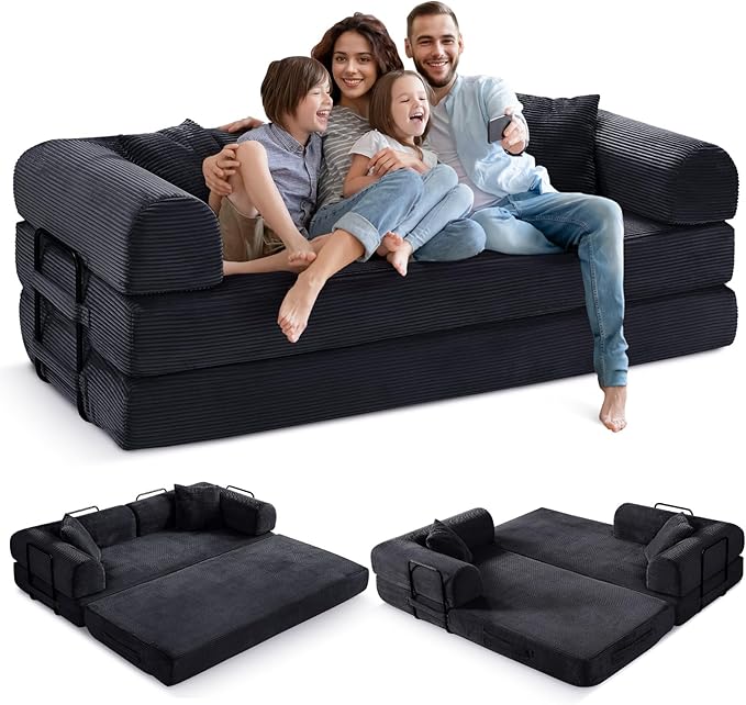 Convertible Folding Sofa Bed Corduroy Sleeper Mattress Couch with Fixed-Shape Frame Free Combination Loveseat Lounge Floor Sofa Queen Size Memory Foam Couch for Living Room Bedroom Black