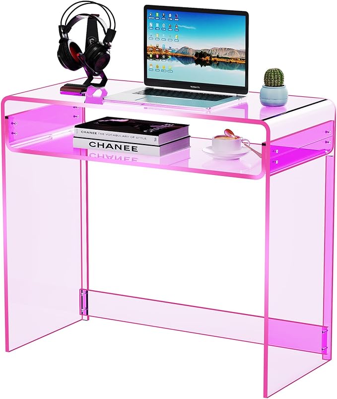 Acrylic Desk Laptop Workstation Study Table Home Office Console Tables Entrance Table Decor (Pink)