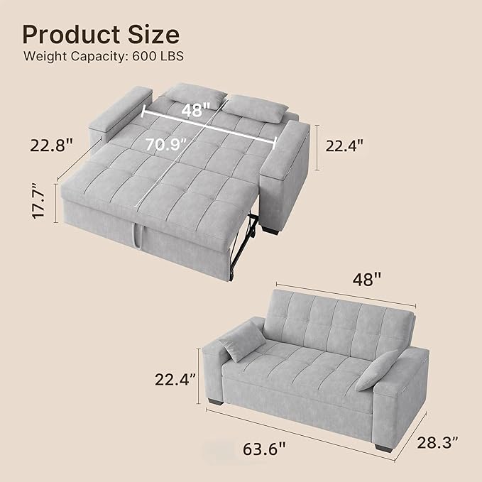 Gizoon Convertible Sofa Bed Futon Queen Size Sleeper Loveseat with Pull Out Couch 3 in 1 Plush Fleece Fabric Futon Couch with Side Pockets Storage Armrest &amp Adjustable Backrest for Living Room