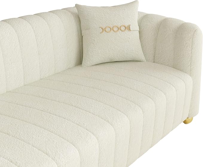 83 Velvet White Couch Modern Sofas for Living Room Cream Sofa 3 Seater Solid Wood Frame with Gold Metal Legs and Two Pillows Comfy Teddy Sofa ﻿