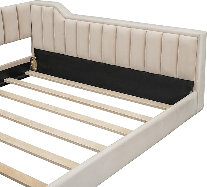 Full XL Size Floor Bed with Storage Pocket Upholstered Floor Sofa Daybed with Vertical Stripe Design for Gust RoomBedroom Living Room Beige