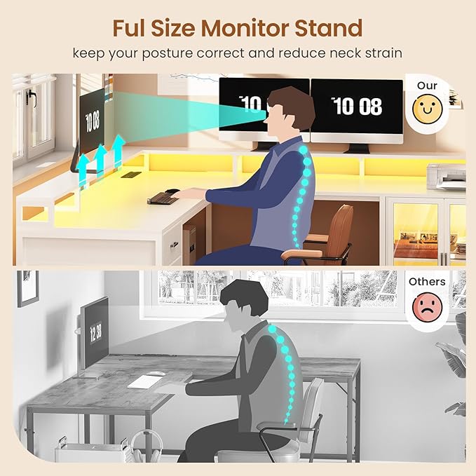 SEDETA L Shaped Gaming Desk with 4 Drawers 109” Computer Desk with Display Cabinet Home Office Desks with 2 Monitor Stands CPU Stand LED Lights and Power Outlet White