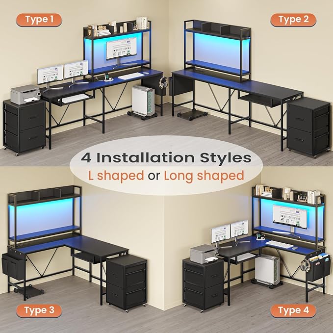 L Shaped Gaming Desk with Shelves 55in Reversible Home Office Desks with Power Outlet RGB Led Strip Movable File Cabinet Keyboard Tray 2 Drawers (Black)