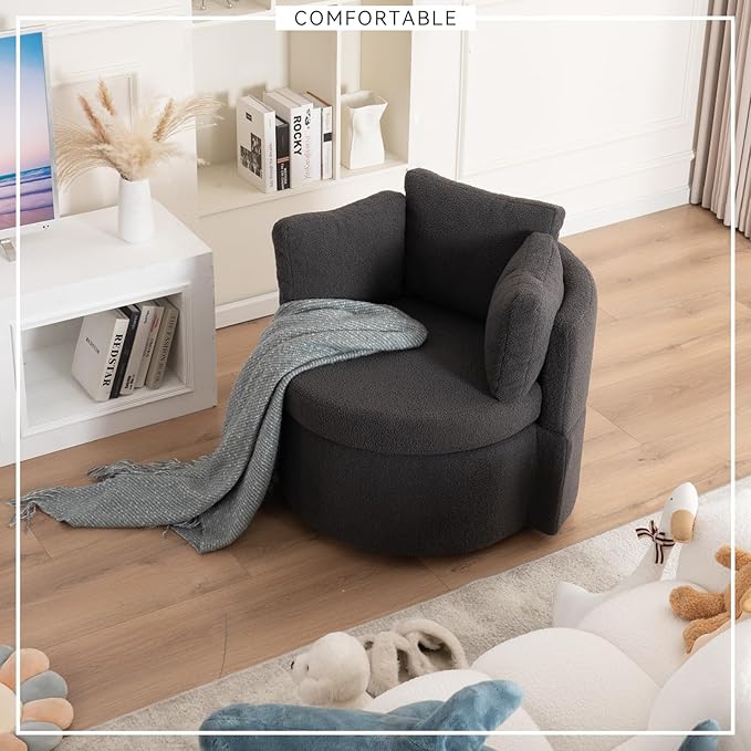 FOXHUNTER Swivel Barrel Chair 360 Degree Swivel Round Storage Chair with 3 Pillows Oversize Teddy Swivel Accent Chair Comfy Single Sofa Chair for Nursery Living Room Bedroom (Dark Gray)