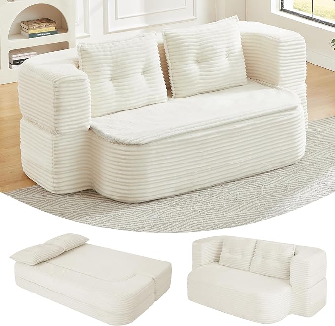 78.4 Convertible Sleeper Sofa Bed Floor Couch Loveseat with Functional Blanket and 2 Soft PillowsCorduroy Fabric Boneless Futon Couch for Living RoomBedroomApartment(Beige)