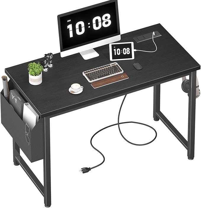 Lufeiya 39 inch Computer Desk with Power Outlet 40 inch Teen Study Table Home Office Work Writing Desks with Charging Station Outlets Built in Black