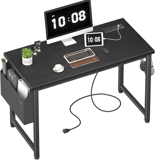 Lufeiya 39 inch Computer Desk with Power Outlet 40 inch Teen Study Table Home Office Work Writing Desks with Charging Station Outlets Built in Black