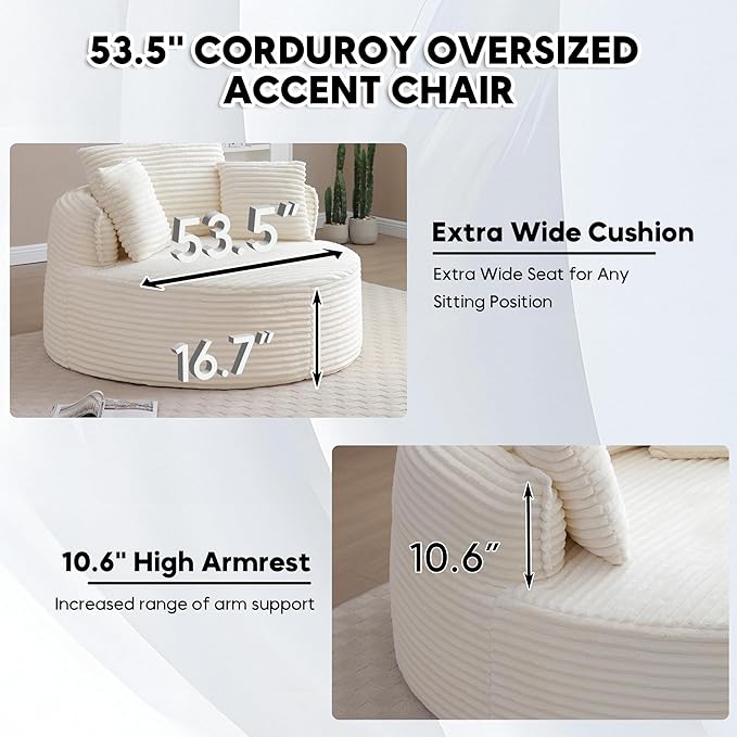 Oversized Round Chair Lounge Chaise Indoor 53.5 Corduroy Boneless Round Chair Fluffy Single Deep Seat Cloud Sofa Chairs Modern Circle Chaise Lounge for Bedroom Living Room Beige White