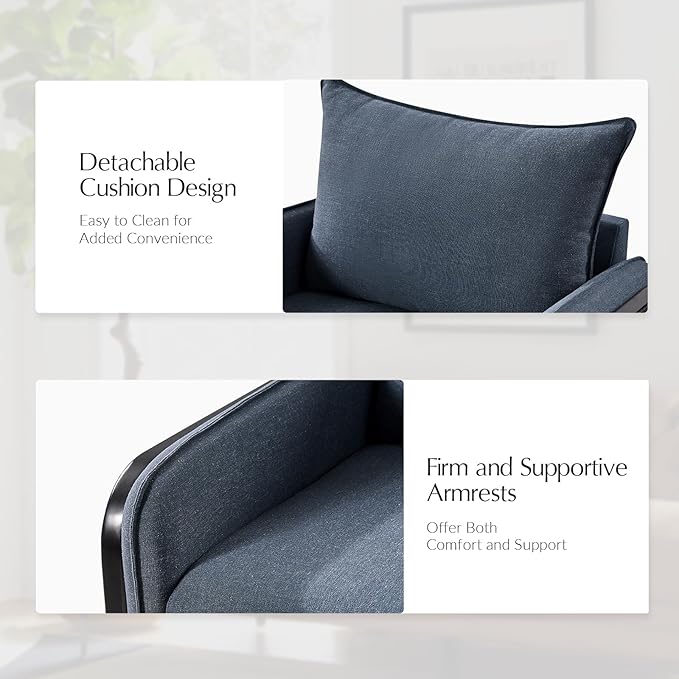 HULALA HOME Woven Rattan Armchair Modern Accent Chair with Wood Armrest and Legs for Living Room Bedroom Makeup Room Detachable Cushion &amp Upholstered Navy