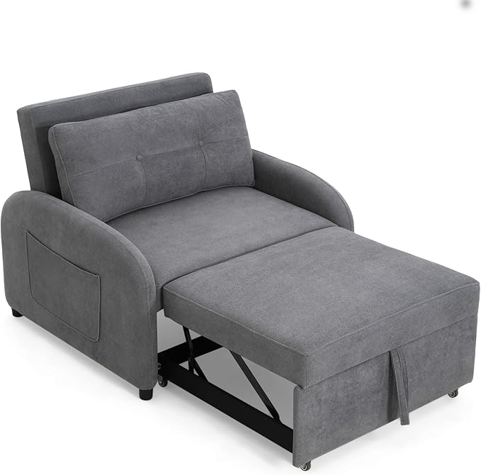 3-in-1 Convertible Sleeper Sofa Bed with Pillow &amp Pocket Loveseat Sleeper Chair in Soft Cotton Linen for Living Room Bedroom Study Apartment Grey