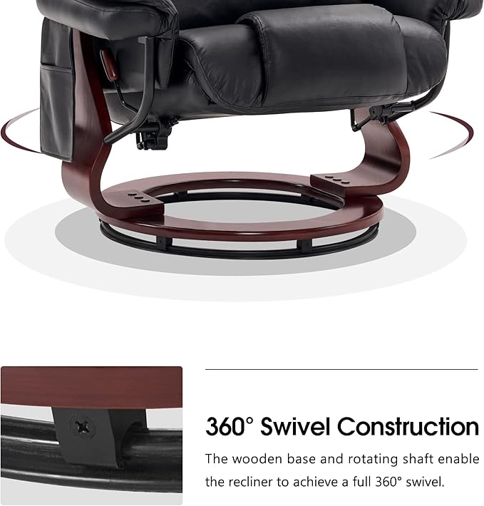 MCombo Swivel Recliners with Ottoman Reclining TV Chairs with Vibration Massage Faux Leather Ergonomic Lounge Chair for Living Room Bedroom 4832 (Black)