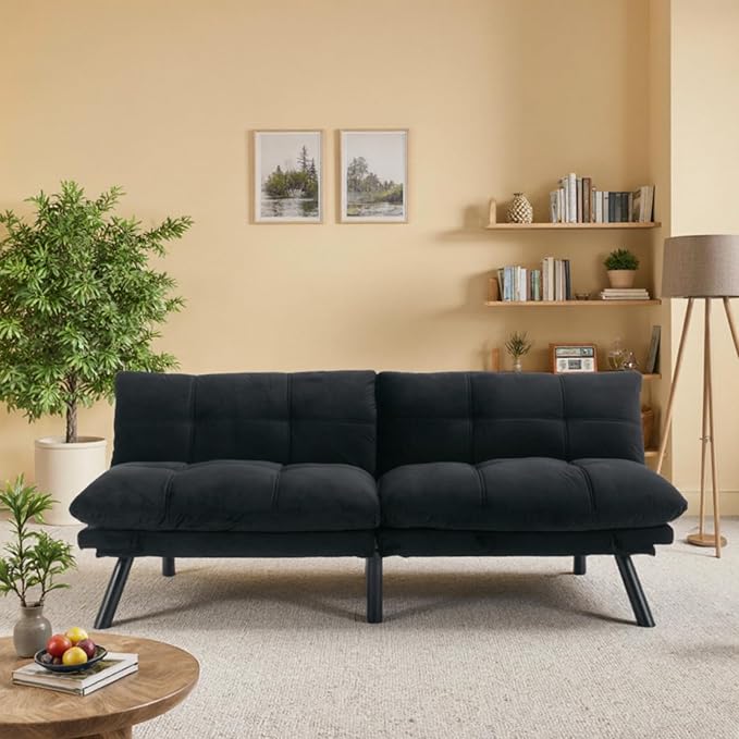 71-inch Microfiber Upholstered Futon Sofa Bed - 2 Seats Adjustable Arms/Back Iron Legs | Convertible to Sleeper for Main Living Spaces Bedrooms Offices (Black+2Seat)