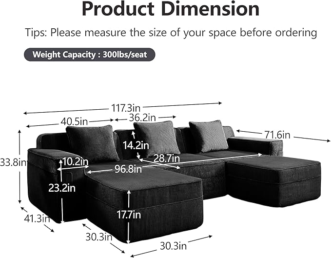 117.3 Compressed Sofa with Deep SeatsBoneless Sectional Couch with High Density Memory Foam SofaU Shaped Black 3 Seater Sofa for Living Room ApartmentsNo Assembly