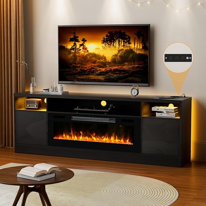 70'' TV Stand with Fireplace and Power Outlet-Black Entertainment Center for 75+ inch TV- 27'' High TV Cabinet with LED Light Storage High Glossy Door Modern TV Console for Living Room