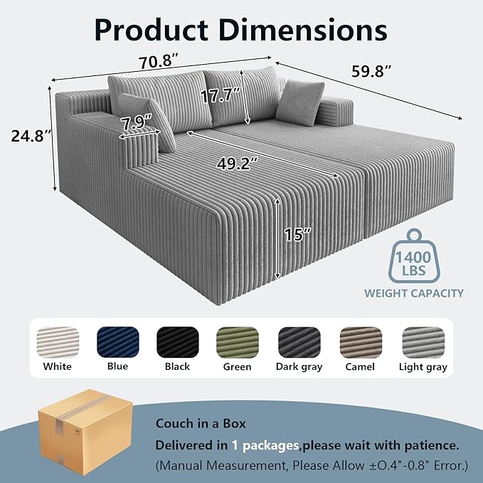 71Oversized Chaise Lounge ChairSectional Double Lounge Chaise with PillowsUpholstered Corduroy Boneless Lounge ChairFluffy Modern Loveseat Sleeper Sofa for Living Room &ampBedroom(Light Grey)