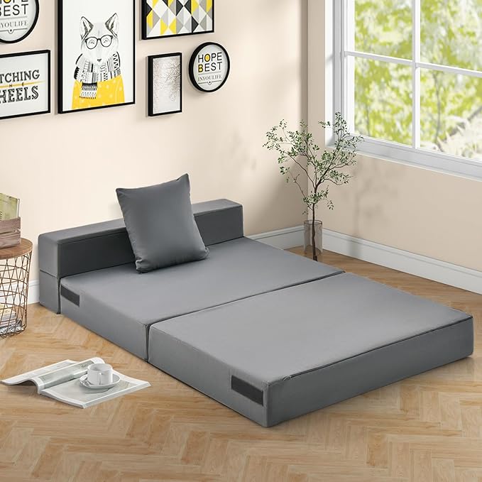 Giantex 6 Inch Folding Sofa Bed Couch with Pillow Tri-fold Mattress with High-Density Foam Foldable Floor Couch with Headrest Portable Guest Bed with Zippered &amp Washable Cover Dark Grey