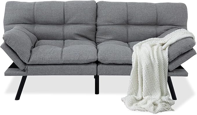 MUUEGM 71 Futon Couch Filled with Memory Foam Convertible Futon Sofa Bed with Adjustable Backrest Armrest Folding Futon for Living Room Small Space Loveseat for Sleeper(Fabric Light Gray)