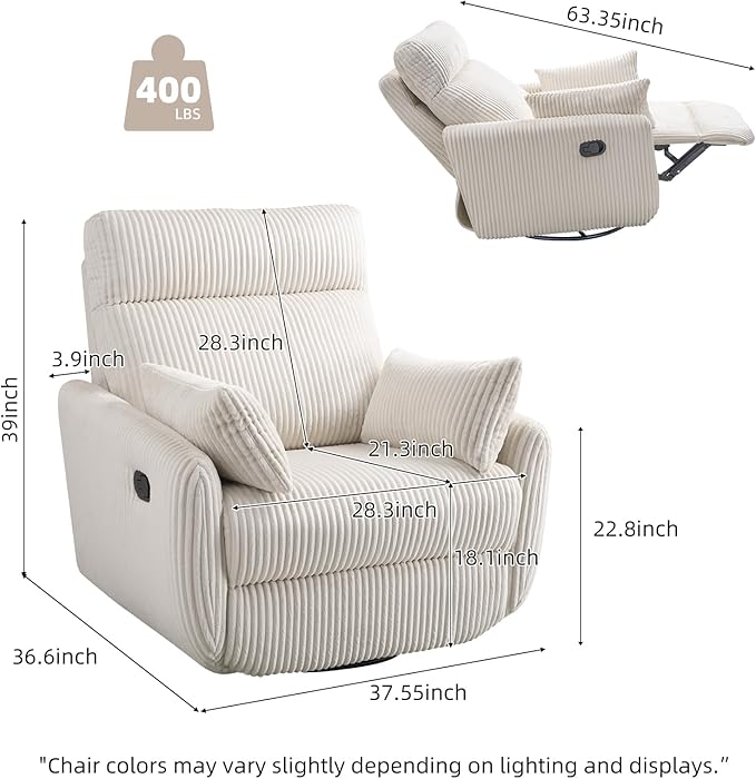 Swivel Recliner Chair for Adults Corduroy Nursery Glider Rocking Chair Armchair with 2 Pillows Comfy High Back Reclining for Small Spaces Nursery Bedroom Living Room (Corduroy Beige 1 Pack)