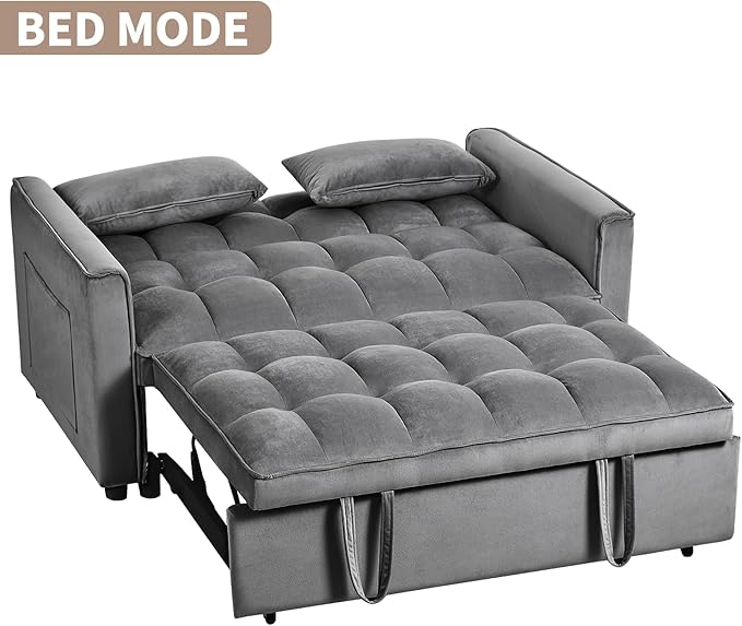 Dark Gray Velvet Pull Out loveseat Sleeper Sofa Bed Convertible Twin Sleeper Chair 3 in 1 Adjustable Backrest with Pillows Pockets Armrests Hidden Stroge for Living Room