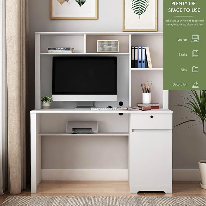 Hassyee Computer Desk with Hutch and Bookshelf Wood Writing Executive Desk with Drawers for Teens Student Home Office Desk with 3 AC Outlets and 2 USB Charging Ports (White)