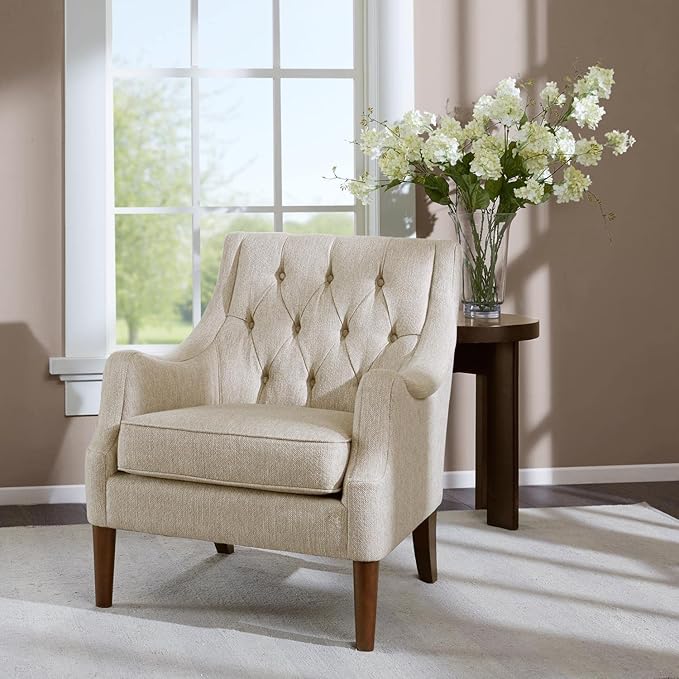 Madison Park Accent Chair for Living Room Upholstered Button Tufted Back Removable 5.75 T Seat Cushion Solid Wood Legs Modern Accent Armchair Family Room Furniture Bedroom Chair 29.25W Beige