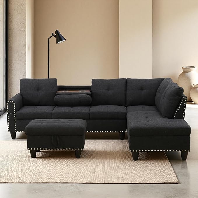 Sectional Couches for Living Room Convertible 4 Seat Modular Sectional Sofa Set for Living Room L Shaped Couch or U Shaped Couch with Storage Ottoman for Apartment Dark Grey