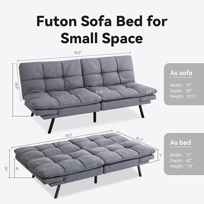 Opoiar Futon Sofa Bed Grey Fabric Memory Foam Leather Futon Split SeatModern Sleeper Love SeatFolding Modern Sleeper Sofa for Small Space/Drom/Office/Apartment