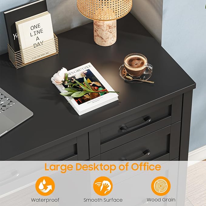 Vabches Farmhouse 61'' Executive Desk with 5 Drawers Rustic Office Desk Computer Table with File Drawers and Storage Cabinet Wood Workstation for Study and Home Office(Pure Black)