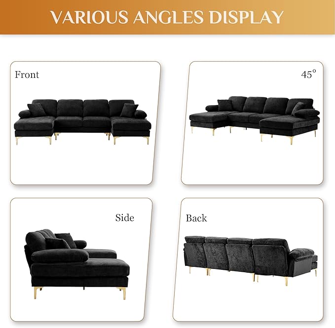OUYESSIR 112 Cloud Sectional Sofa with Extra Deep SeatU Shaped Sectional Couches for Living Room4 Seater Chenille Sofas &amp CouchesModern Apartment Couch with Double Chaise Lounge Black