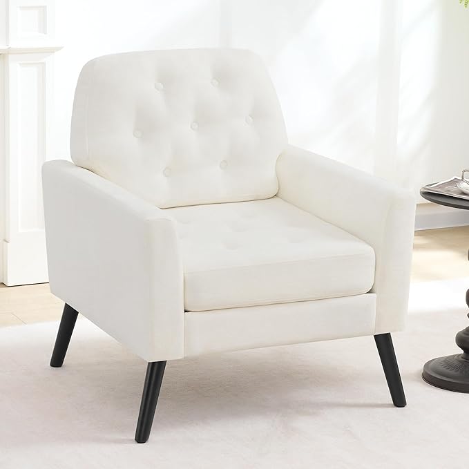 Accent Chair Set of 2 Mid Century Modern Living Room Chairs Upholstered Armchair with Tufted Back &amp Wood Legs Single Sofa Reading Side Chair for Bedroom Office Waiting Room White