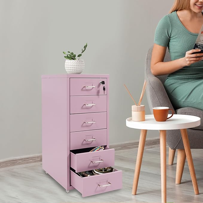 DYRABREST 6 Drawer Vertical File Cabinet with Wheels and Lock Metal Storage Organizer Cabinet for Home Office Study Modern Rolling Filing Cabinet for Documents Supplies (Purple)