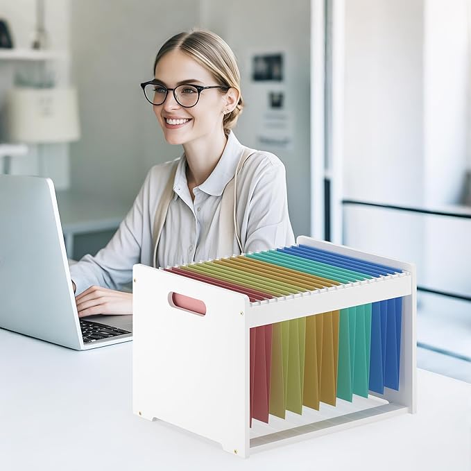 Hanging File Organizer Box for Letter Size Bamboo File Folder Organizer Storage Moving Boxes with Handle Wood Desk Filing Box for Office Banker Document