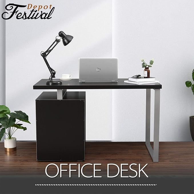 Festival Depot 47.5 Home Office Desk Modern Computer Desk with Metal Frame Laptop Table with Reversible File Cabinet Including Drawers for Study Working