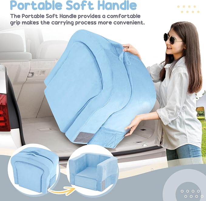 Toddler Travel Bed 2-in-1 Foldable Portable Toddler Bed Sofa Chair Soft Baby Kids Travel Floor Cot with Washable Covers Safety Foam Raised Bumper for Camping Hotel Sleeping (Blue)